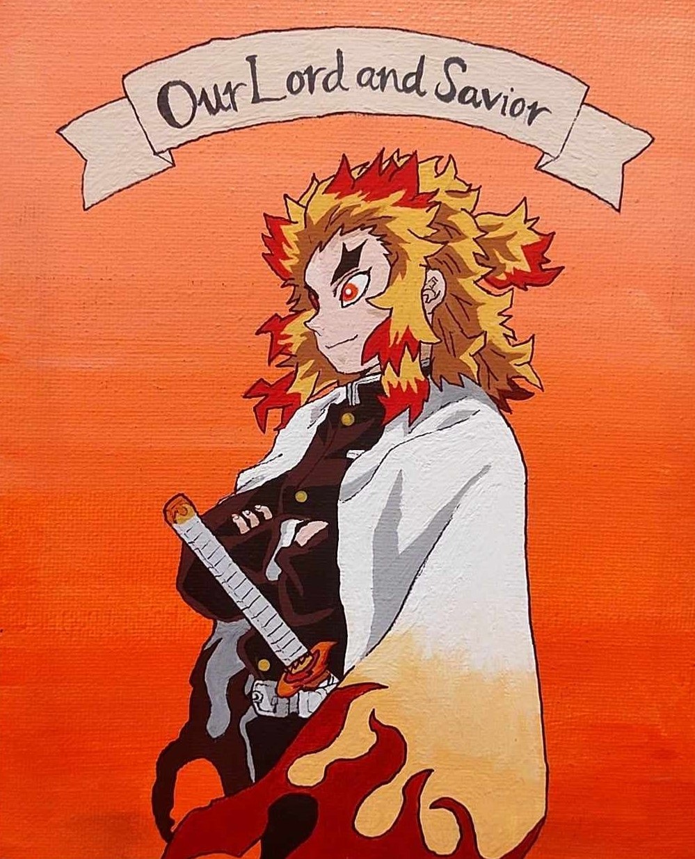 Acrylic painting of Demon Slayer character, Rengoku Kyojuro